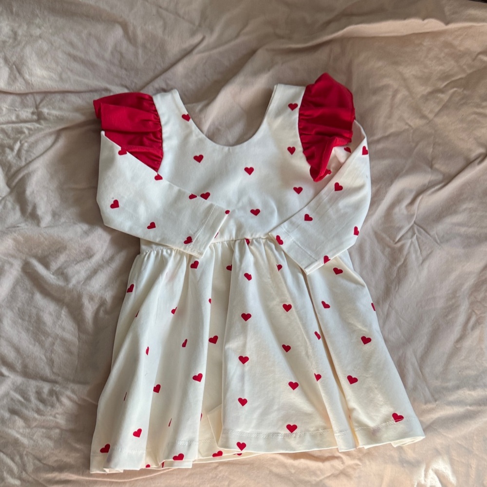 Monica + Andy White Dress with Red Heart Print and Red Ruffle Shoulders